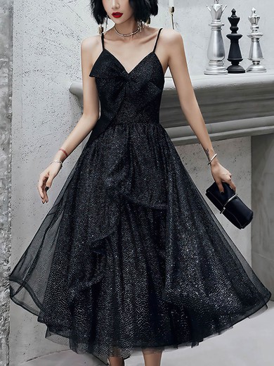 A-line V-neck Glitter Tea-length Short Prom Dresses With Cascading Ruffles #UKM020020111475
