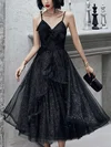 A-line V-neck Glitter Tea-length Short Prom Dresses With Cascading Ruffles #UKM020020111475