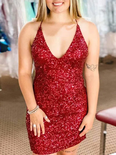 Sheath/Column V-neck Sequined Short/Mini Short Prom Dresses #UKM020020110003