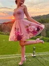 A-line Sweetheart Tulle Short/Mini Lace Short Prom Dresses #UKM020020109095