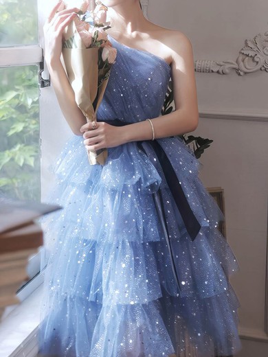A-line One Shoulder Glitter Knee-length Short Prom Dresses With Sashes / Ribbons #UKM020020110012