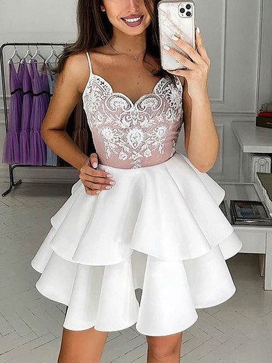 A-line V-neck Satin Short/Mini Lace Short Prom Dresses #UKM020020109108