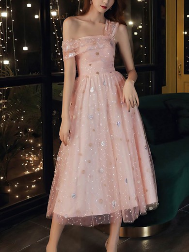 A-line Off-the-shoulder Tulle Knee-length Short Prom Dresses With Flower(s) #UKM020020110016