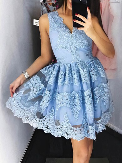 A-line V-neck Tulle Short/Mini Lace Short Prom Dresses #UKM020020109116