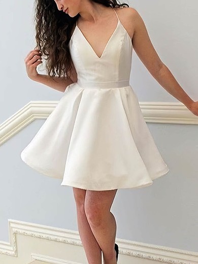A-line V-neck Satin Short/Mini Short Prom Dresses #UKM020020109135