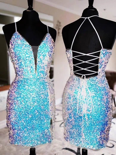 Sheath/Column V-neck Sequined Short/Mini Short Prom Dresses With Split Front #UKM020020110043