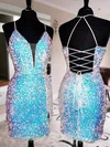 Sheath/Column V-neck Sequined Short/Mini Short Prom Dresses With Split Front #UKM020020110043