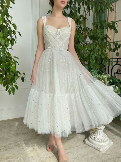A-line Sweetheart Tulle Tea-length Short Prom Dresses With Pockets #UKM020020111543