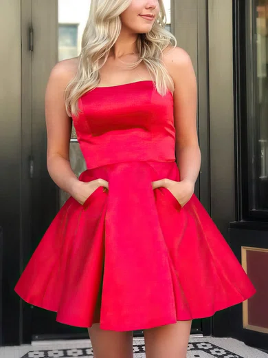 A-line Strapless Satin Short/Mini Pockets Short Prom Dresses #UKM020020109165