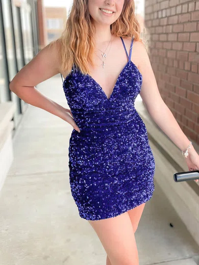 Sheath/Column V-neck Sequined Short/Mini Short Prom Dresses #UKM020020109174