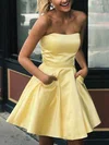 A-line Strapless Satin Short/Mini Pockets Short Prom Dresses #UKM020020109186