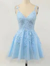 A-line V-neck Lace Tulle Short/Mini Short Prom Dresses With Appliques Lace #UKM020020110094