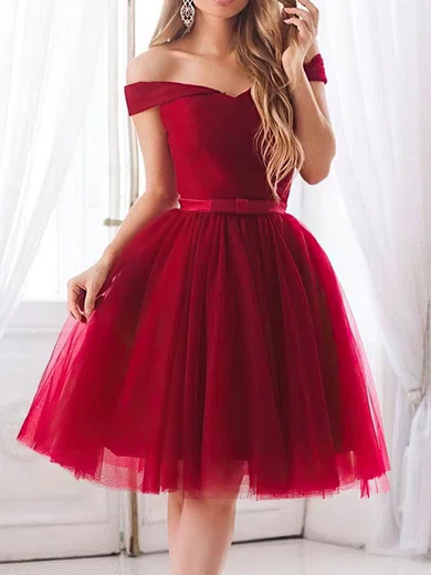 A-line Off-the-shoulder Tulle Short/Mini Bow Short Prom Dresses #UKM020020109225