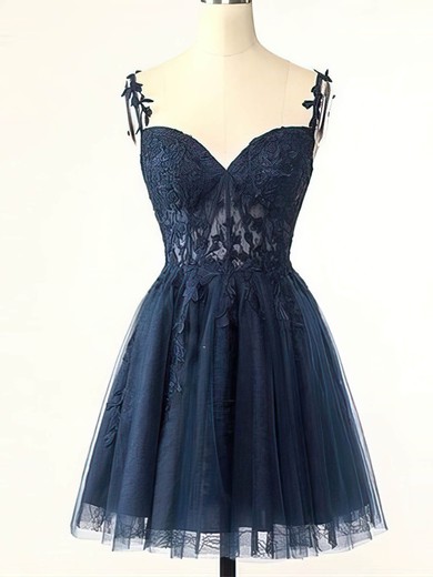A-line V-neck Tulle Lace Short/Mini Short Prom Dresses With Appliques Lace #UKM020020110910