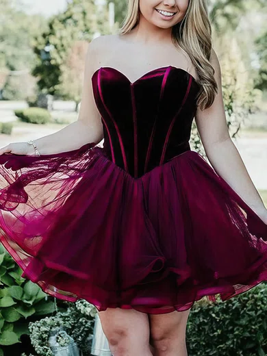 A-line Strapless Tulle Velvet Short/Mini Short Prom Dresses #UKM020020109262