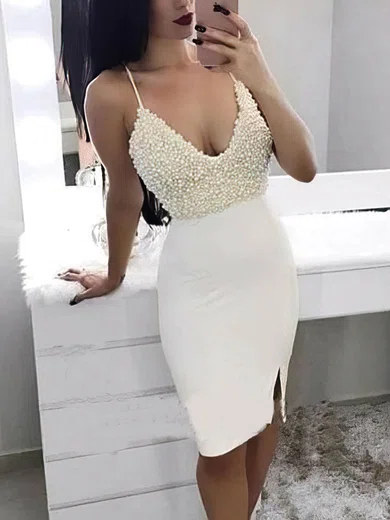 Sheath/Column V-neck Stretch Crepe Short/Mini Split Front Short Prom Dresses #UKM020020109269