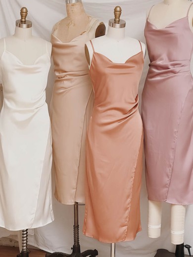 Sheath/Column Cowl Neck Silk-like Satin Tea-length Short Prom Dresses With Split Front #UKM020020110940