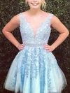 A-line V-neck Tulle Short/Mini Short Prom Dresses With Lace #UKM020020111662