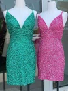 Sheath/Column V-neck Sequined Short/Mini Short Prom Dresses #UKM020020110947