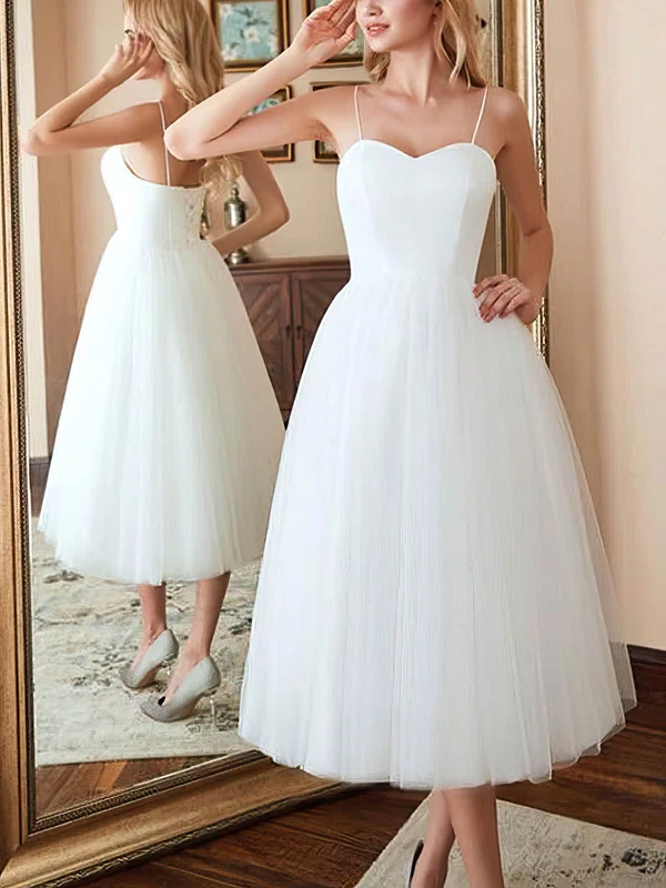 A-line V-neck Tulle Tea-length Short Prom Dresses #UKM020020109283