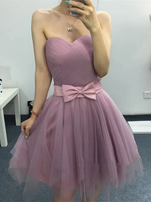 A-line Sweetheart Tulle Short/Mini Bow Short Prom Dresses #UKM020020109286