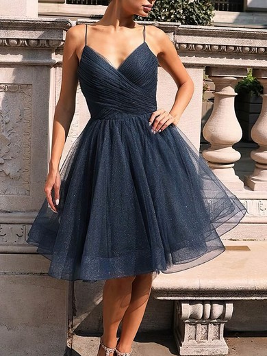 A-line V-neck Glitter Knee-length Short Prom Dresses #UKM020020109304