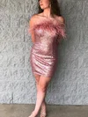 Sheath/Column Strapless Sequined Short/Mini Short Prom Dresses With Feathers / Fur #UKM020020110286