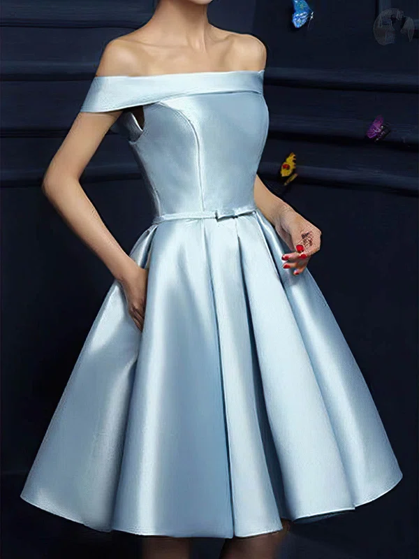 A-line Off-the-shoulder Satin Knee-length Bow Short Prom Dresses #UKM020020109319