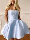 A-line Strapless Satin Short/Mini Beading Short Prom Dresses #UKM020020109348