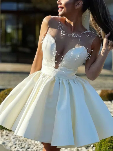 A-line Scoop Neck Satin Short/Mini Short Prom Dresses With Pockets #UKM020020111027