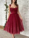 A-line Sweetheart Glitter Tea-length Short Prom Dresses With Sashes / Ribbons #UKM020020110545