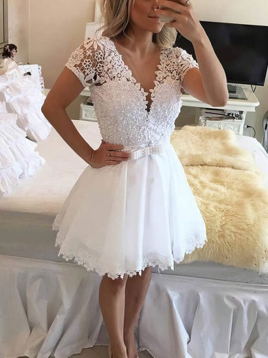 A-line V-neck Chiffon Short/Mini Short Prom Dresses With Appliques Lace #UKM020020111786