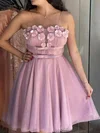 A-line Strapless Tulle Knee-length Short Prom Dresses With Sashes / Ribbons #UKM020020111794