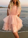 A-line Strapless Tulle Short/Mini Short Prom Dresses With Sashes / Ribbons #UKM020020110200