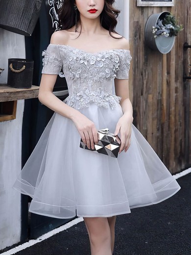 A-line Off-the-shoulder Lace Tulle Short/Mini Appliques Lace Short Prom Dresses #UKM020020109428