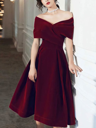 A-line Off-the-shoulder Velvet Tea-length Short Prom Dresses #UKM020020108386