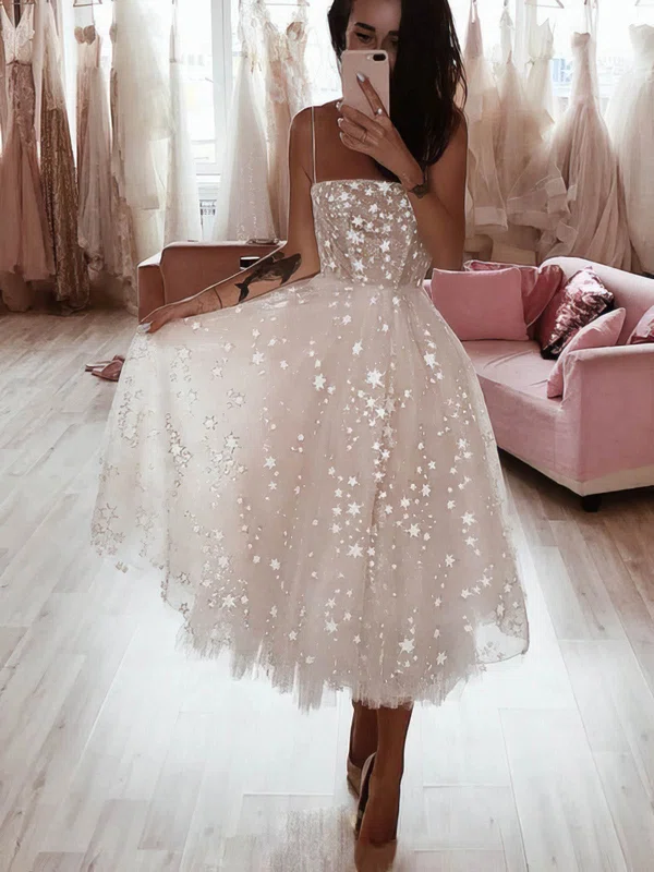 A-line Square Neckline Glitter Tea-length Short Prom Dresses #UKM020020108410