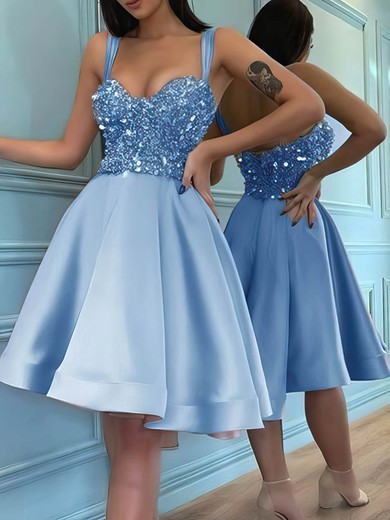 A-line V-neck Satin Knee-length Short Prom Dresses With Sequins #UKM020020111101