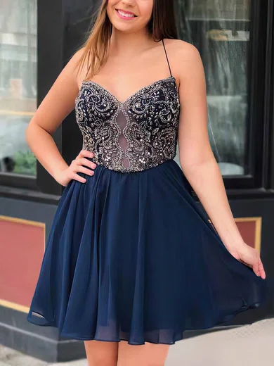 A-line V-neck Chiffon Short/Mini Short Prom Dresses With Beading #UKM020020110245