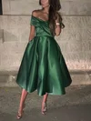 A-line Off-the-shoulder Satin Tea-length Short Prom Dresses With Pockets #UKM020020111122