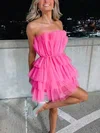 A-line Strapless Tulle Short/Mini Short Prom Dresses #UKM020020111124