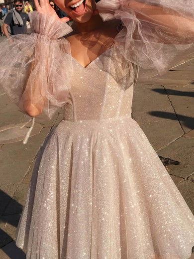 A-line Off-the-shoulder Glitter Short/Mini Short Prom Dresses With Ruffles #UKM020020111135