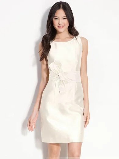 Sheath/Column Scoop Neck Ivory Taffeta with Bow Short/Mini Wedding Dress #00018852