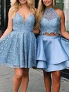 A-line High Neck Satin Short/Mini Short Prom Dresses With Lace #UKM020020110412