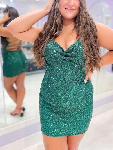 Sheath/Column Cowl Neck Sequined Short/Mini Short Prom Dresses #UKM020020111184