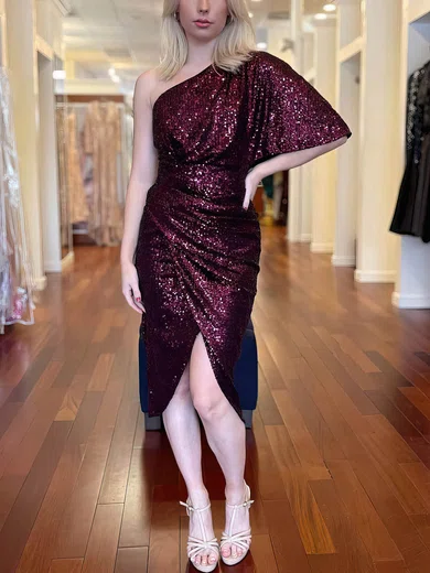 Sheath/Column One Shoulder Sequined Asymmetrical Short Prom Dresses #UKM020020111196
