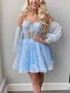 A-line Off-the-shoulder Lace Tulle Short/Mini Short Prom Dresses With Appliques Lace #UKM020020111198