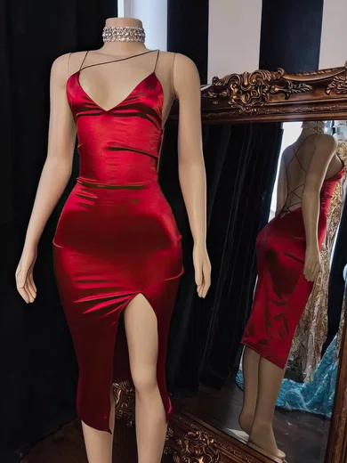 Sheath/Column V-neck Silk-like Satin Tea-length Split Front Short Prom Dresses #UKM020020110438