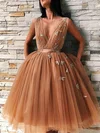 Ball Gown V-neck Tulle Tea-length Appliques Lace Short Prom Dresses #UKM020020110464