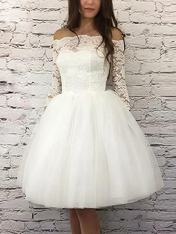 Ball Gown Off-the-shoulder Lace Tulle Knee-length Lace Short Prom Dresses #UKM020020110465